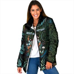 New Zealand Christmas Padded Jacket Santa Riding Tui Bird Silver Fern