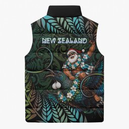 New Zealand Christmas Sleeveless Puffer Jacket Santa Riding Tui Bird Silver Fern