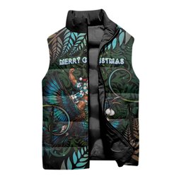 New Zealand Christmas Sleeveless Puffer Jacket Santa Riding Tui Bird Silver Fern