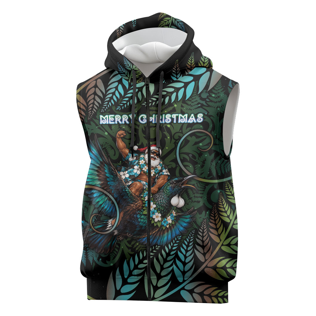 New Zealand Christmas Sleeveless Zip Hoodie Santa Riding Tui Bird Silver Fern