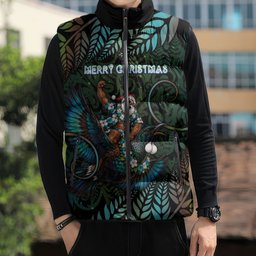 New Zealand Christmas Sleeveless Puffer Jacket Santa Riding Tui Bird Silver Fern