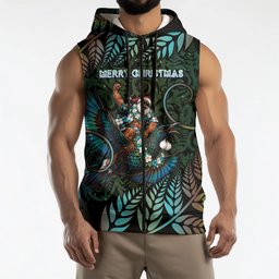 New Zealand Christmas Sleeveless Zip Hoodie Santa Riding Tui Bird Silver Fern
