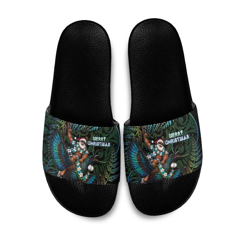 New Zealand Christmas Slide Sandals Santa Riding Tui Bird Silver Fern