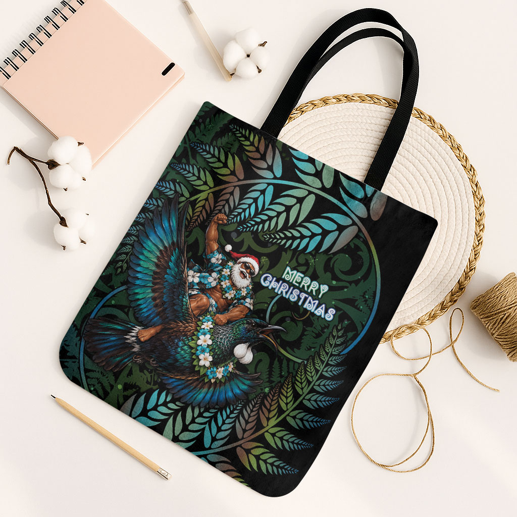 New Zealand Christmas Tote Bag Santa Riding Tui Bird Silver Fern