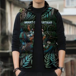 New Zealand Christmas Sleeveless Puffer Jacket Santa Riding Tui Bird Silver Fern