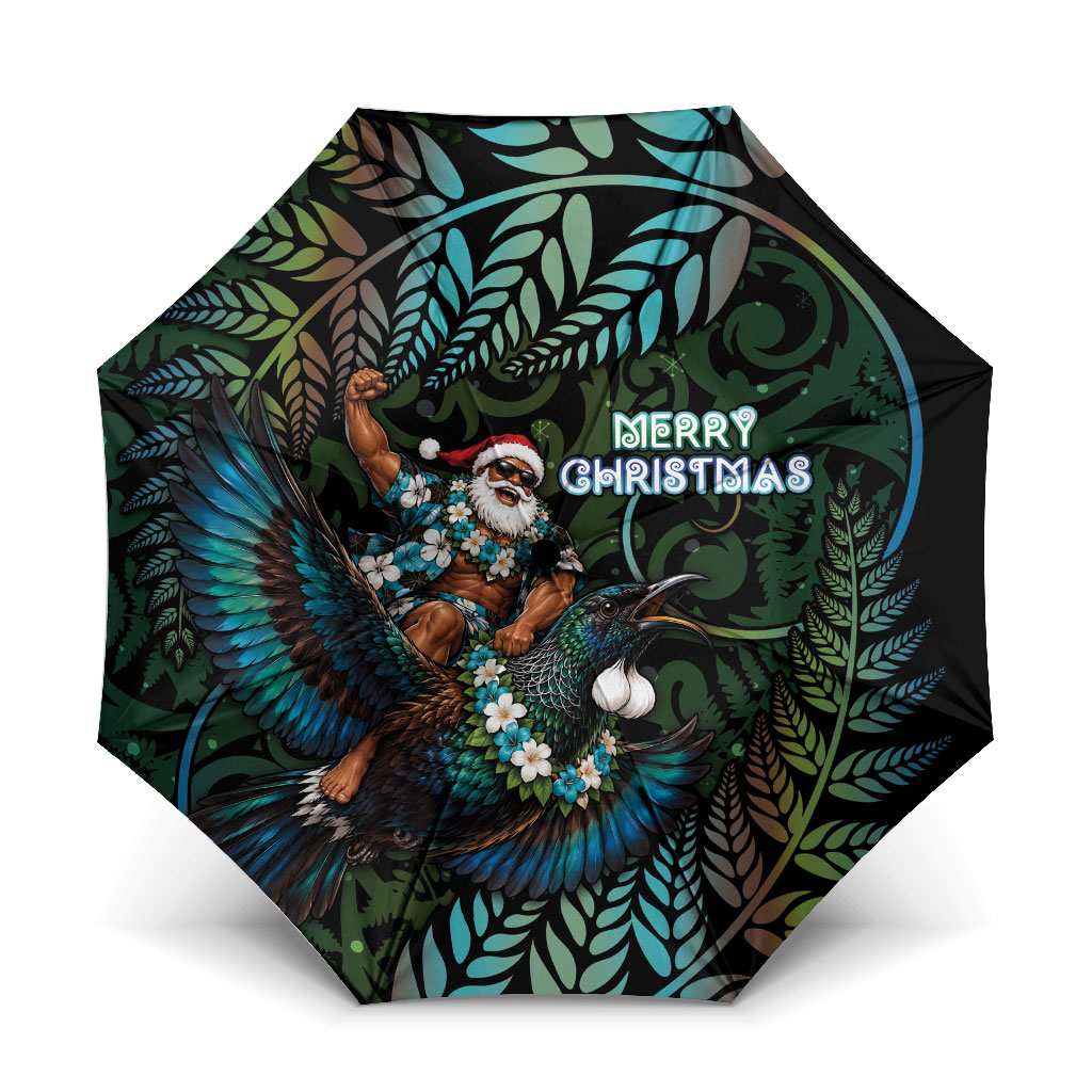 New Zealand Christmas Umbrella Santa Riding Tui Bird Silver Fern