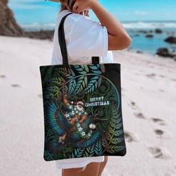 New Zealand Christmas Tote Bag Santa Riding Tui Bird Silver Fern