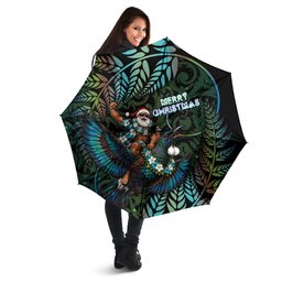 New Zealand Christmas Umbrella Santa Riding Tui Bird Silver Fern