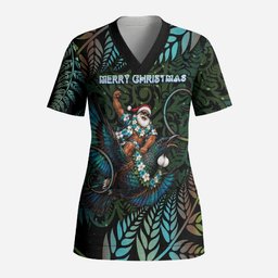 New Zealand Christmas Scrub Top Santa Riding Tui Bird Silver Fern