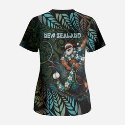 New Zealand Christmas Scrub Top Santa Riding Tui Bird Silver Fern