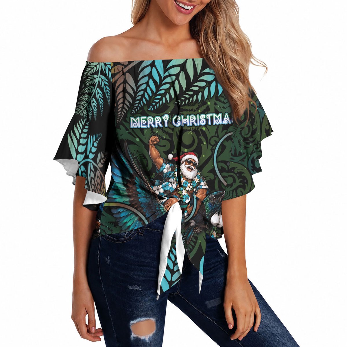 New Zealand Christmas Off Shoulder Wrap Waist Top Santa Riding Tui Bird Silver Fern