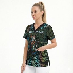 New Zealand Christmas Scrub Top Santa Riding Tui Bird Silver Fern