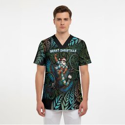 New Zealand Christmas Scrub Top Santa Riding Tui Bird Silver Fern