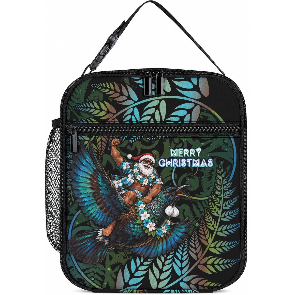 New Zealand Christmas Lunch Bag Santa Riding Tui Bird Silver Fern