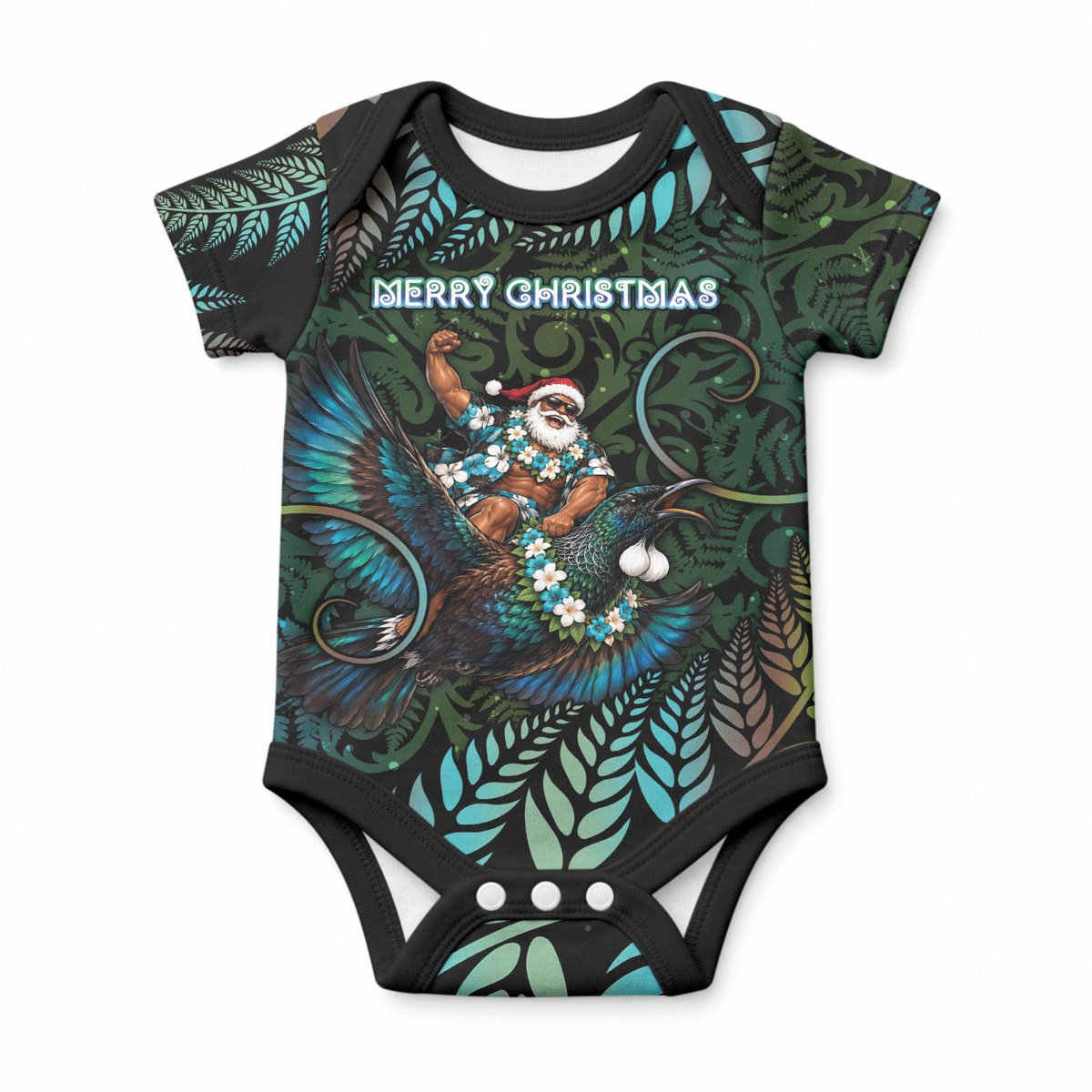 New Zealand Christmas Baby Onesie Santa Riding Tui Bird Silver Fern