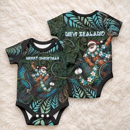 New Zealand Christmas Baby Onesie Santa Riding Tui Bird Silver Fern