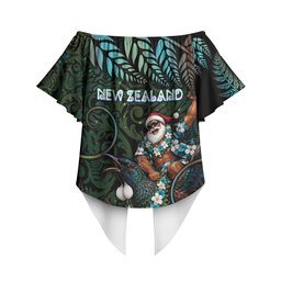 New Zealand Christmas Off Shoulder Wrap Waist Top Santa Riding Tui Bird Silver Fern