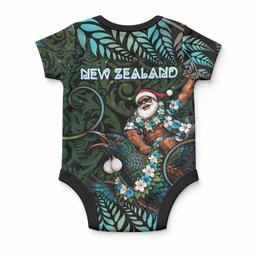 New Zealand Christmas Baby Onesie Santa Riding Tui Bird Silver Fern