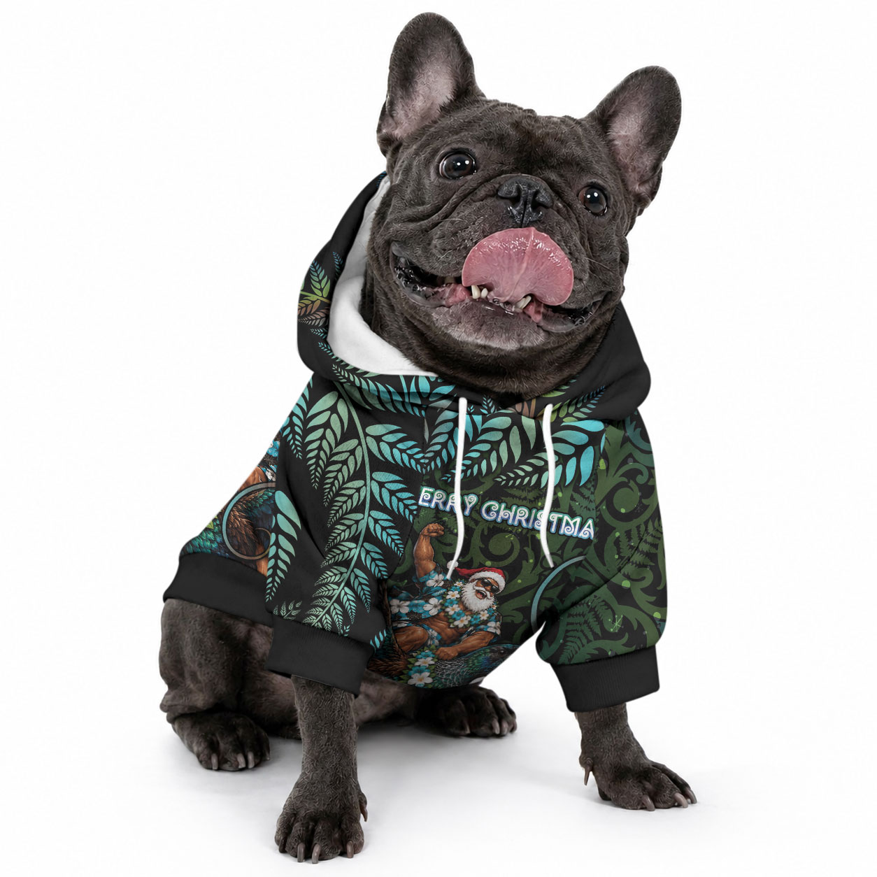 New Zealand Christmas Pet Hoodie Santa Riding Tui Bird Silver Fern