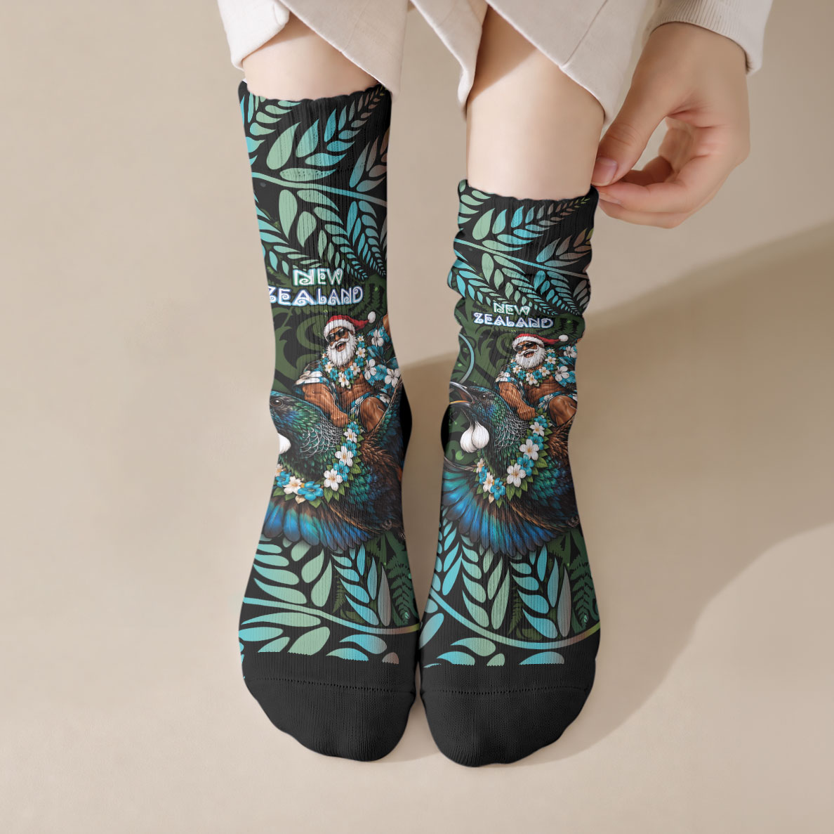 New Zealand Christmas Crew Socks Santa Riding Tui Bird Silver Fern