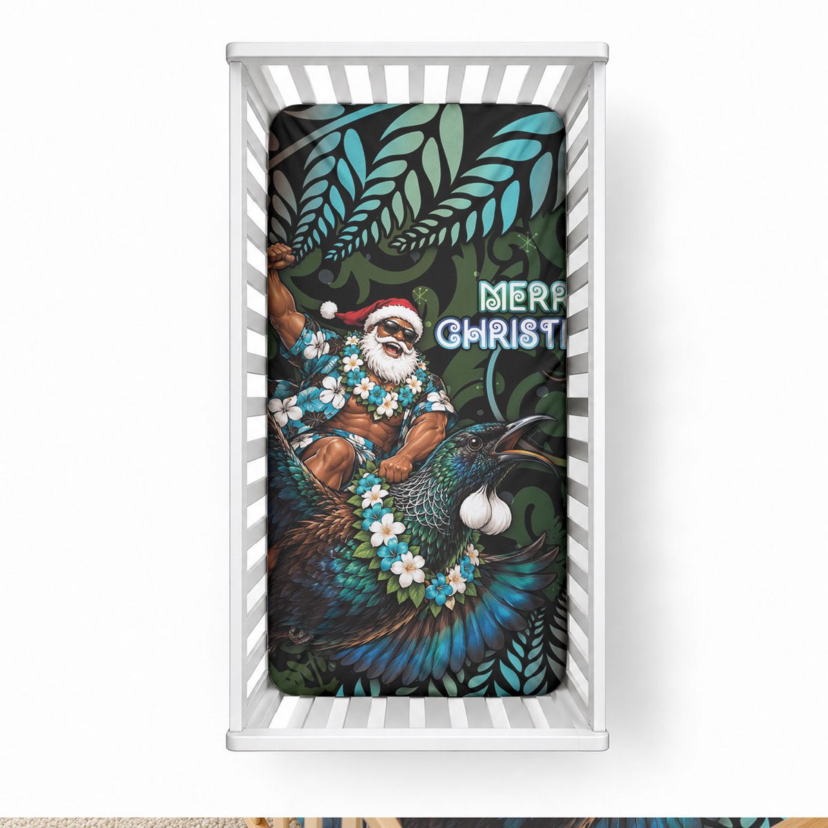 New Zealand Christmas Baby Bed Cover Santa Riding Tui Bird Silver Fern