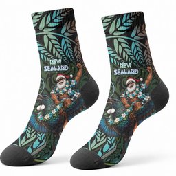 New Zealand Christmas Crew Socks Santa Riding Tui Bird Silver Fern