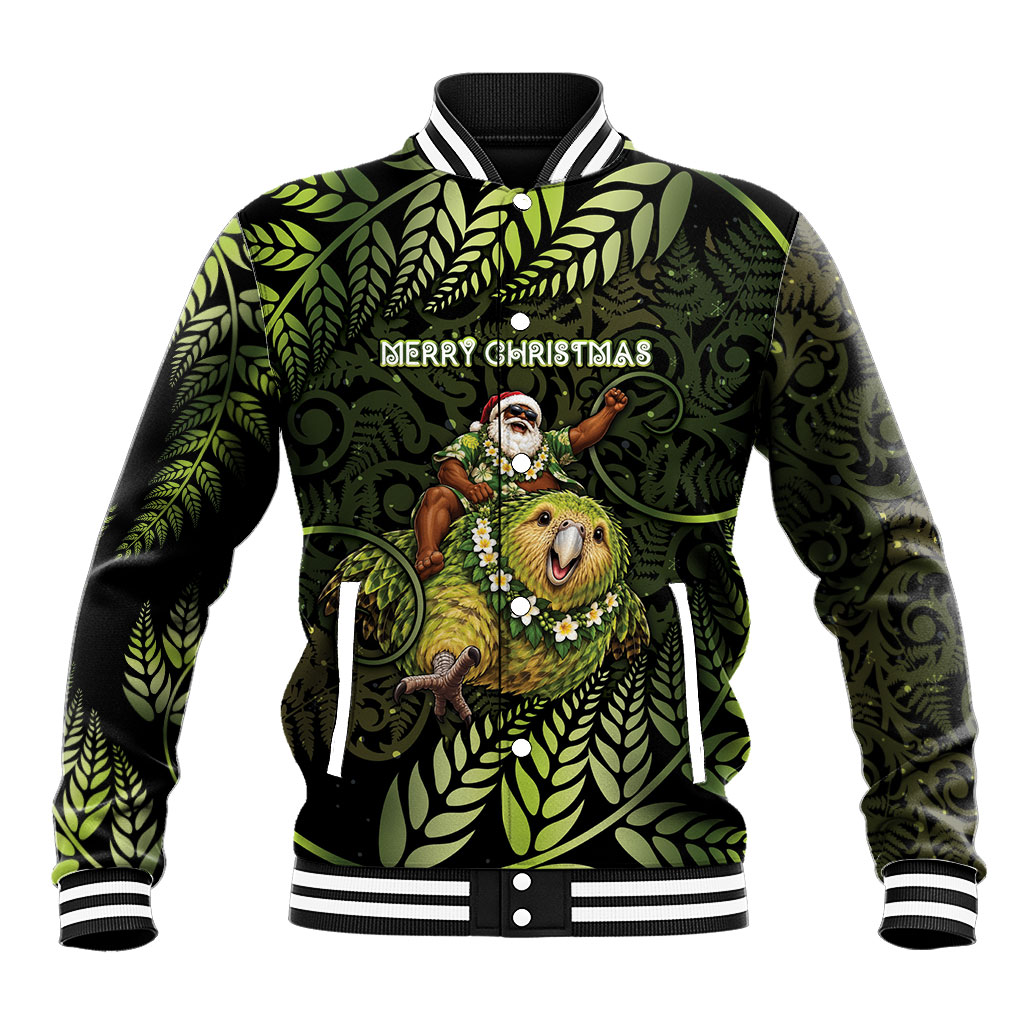 New Zealand Christmas Baseball Jacket Santa Riding Kakapo Bird Silver Fern