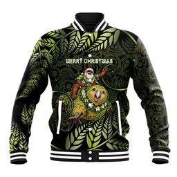 New Zealand Christmas Baseball Jacket Santa Riding Kakapo Bird Silver Fern