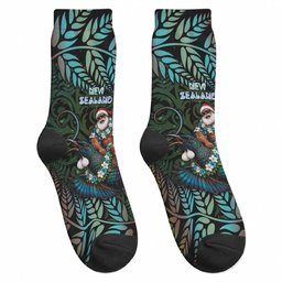 New Zealand Christmas Crew Socks Santa Riding Tui Bird Silver Fern