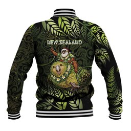 New Zealand Christmas Baseball Jacket Santa Riding Kakapo Bird Silver Fern
