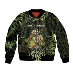 New Zealand Christmas Bomber Jacket Santa Riding Kakapo Bird Silver Fern