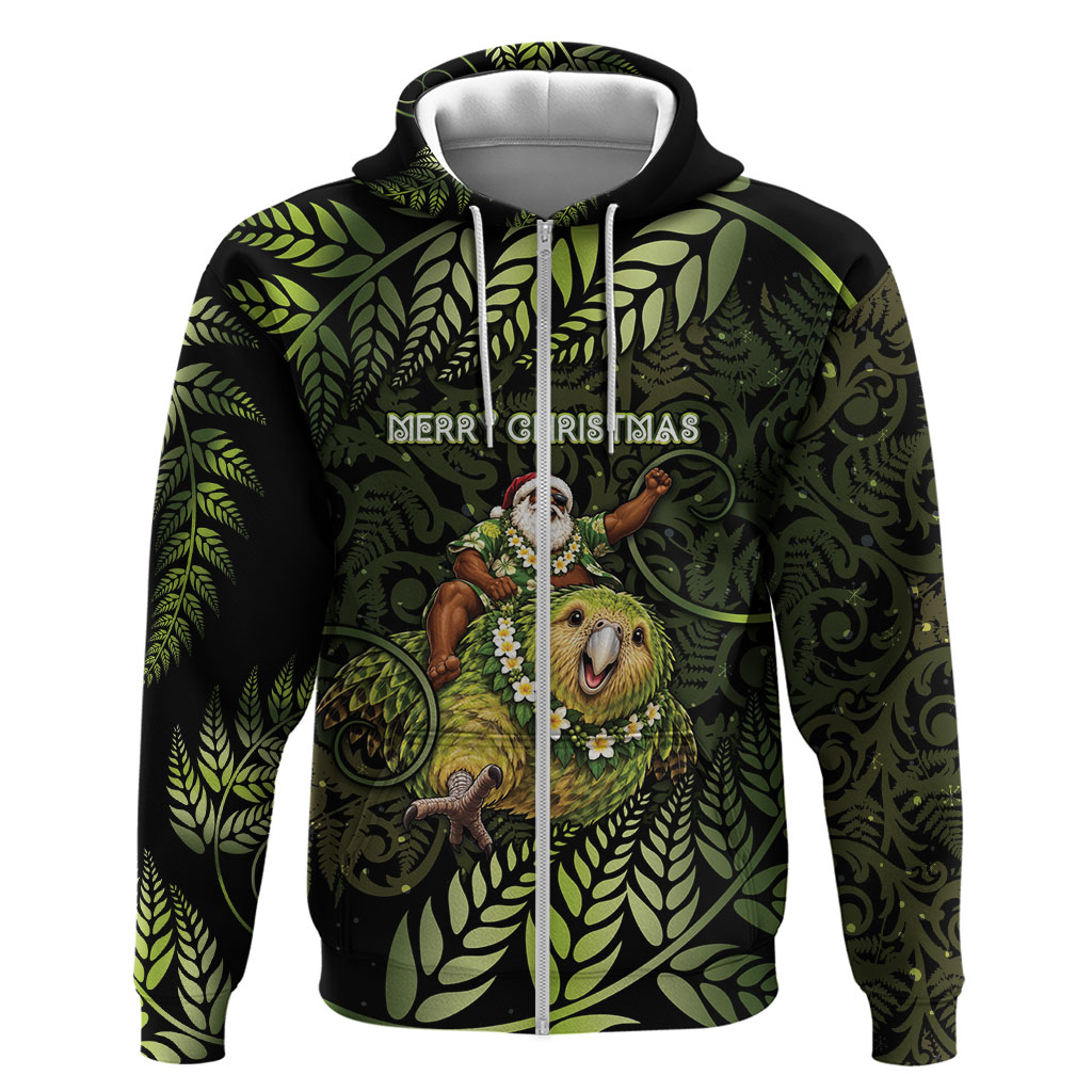 New Zealand Christmas Zip Hoodie Santa Riding Kakapo Bird Silver Fern