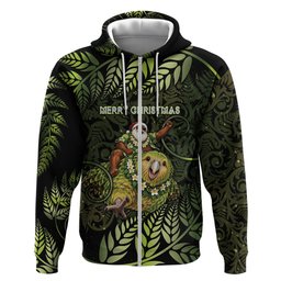 New Zealand Christmas Zip Hoodie Santa Riding Kakapo Bird Silver Fern