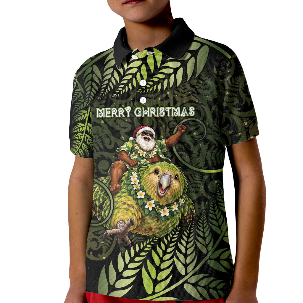 New Zealand Christmas Kid Polo Shirt Santa Riding Kakapo Bird Silver Fern