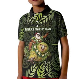 New Zealand Christmas Kid Polo Shirt Santa Riding Kakapo Bird Silver Fern