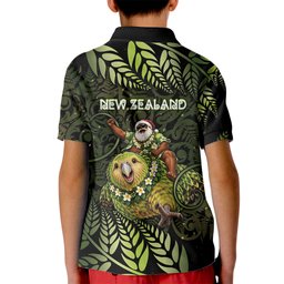 New Zealand Christmas Kid Polo Shirt Santa Riding Kakapo Bird Silver Fern