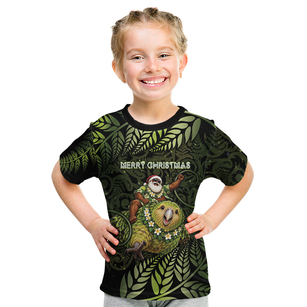 New Zealand Christmas Kid T Shirt Santa Riding Kakapo Bird Silver Fern