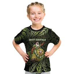 New Zealand Christmas Kid T Shirt Santa Riding Kakapo Bird Silver Fern