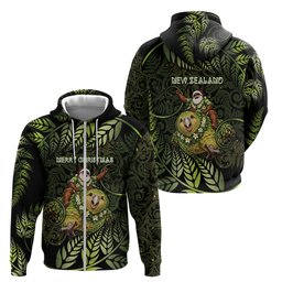 New Zealand Christmas Zip Hoodie Santa Riding Kakapo Bird Silver Fern