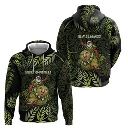 New Zealand Christmas Hoodie Santa Riding Kakapo Bird Silver Fern