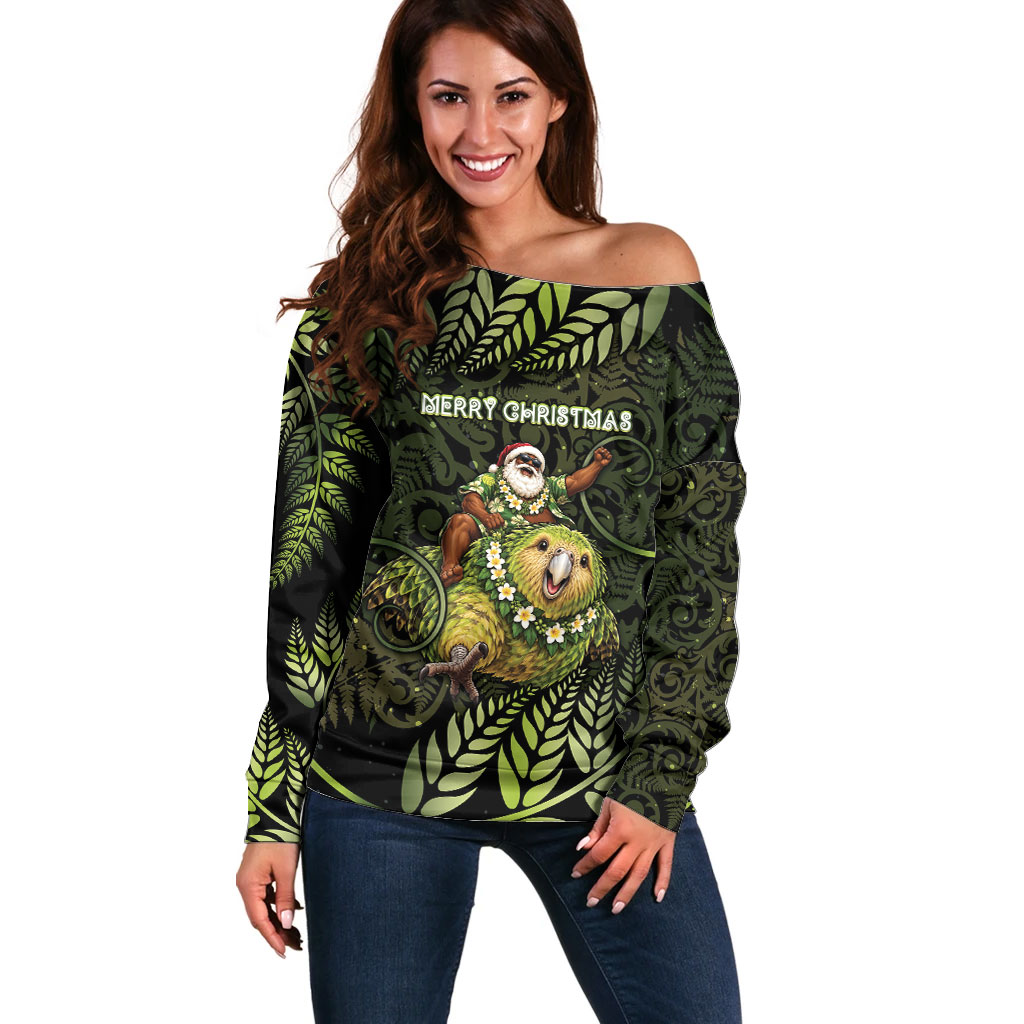 New Zealand Christmas Off Shoulder Sweater Santa Riding Kakapo Bird Silver Fern
