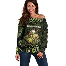 New Zealand Christmas Off Shoulder Sweater Santa Riding Kakapo Bird Silver Fern