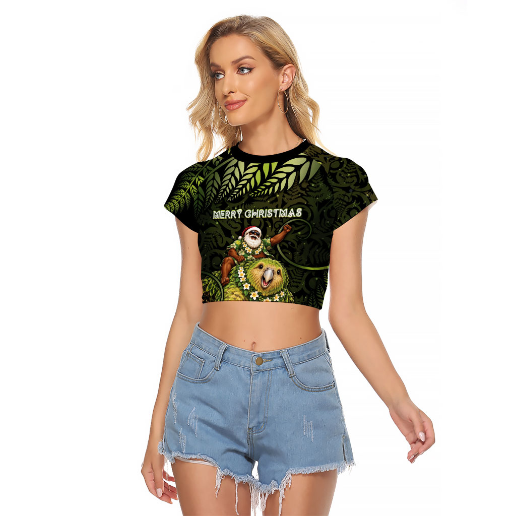 New Zealand Christmas Raglan Cropped T Shirt Santa Riding Kakapo Bird Silver Fern