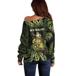 New Zealand Christmas Off Shoulder Sweater Santa Riding Kakapo Bird Silver Fern