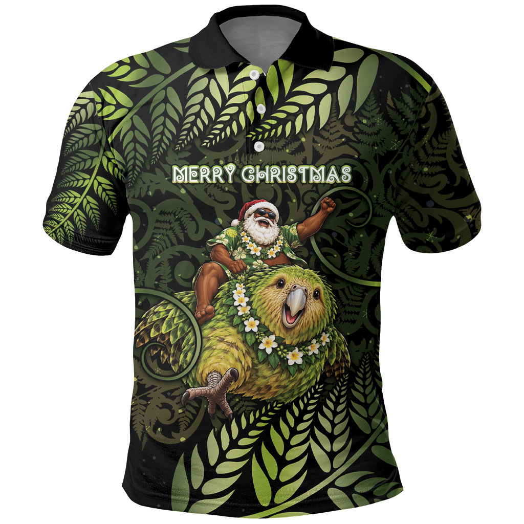 New Zealand Christmas Polo Shirt Santa Riding Kakapo Bird Silver Fern