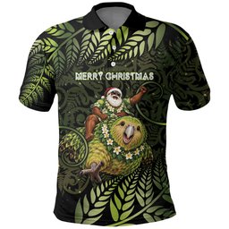 New Zealand Christmas Polo Shirt Santa Riding Kakapo Bird Silver Fern