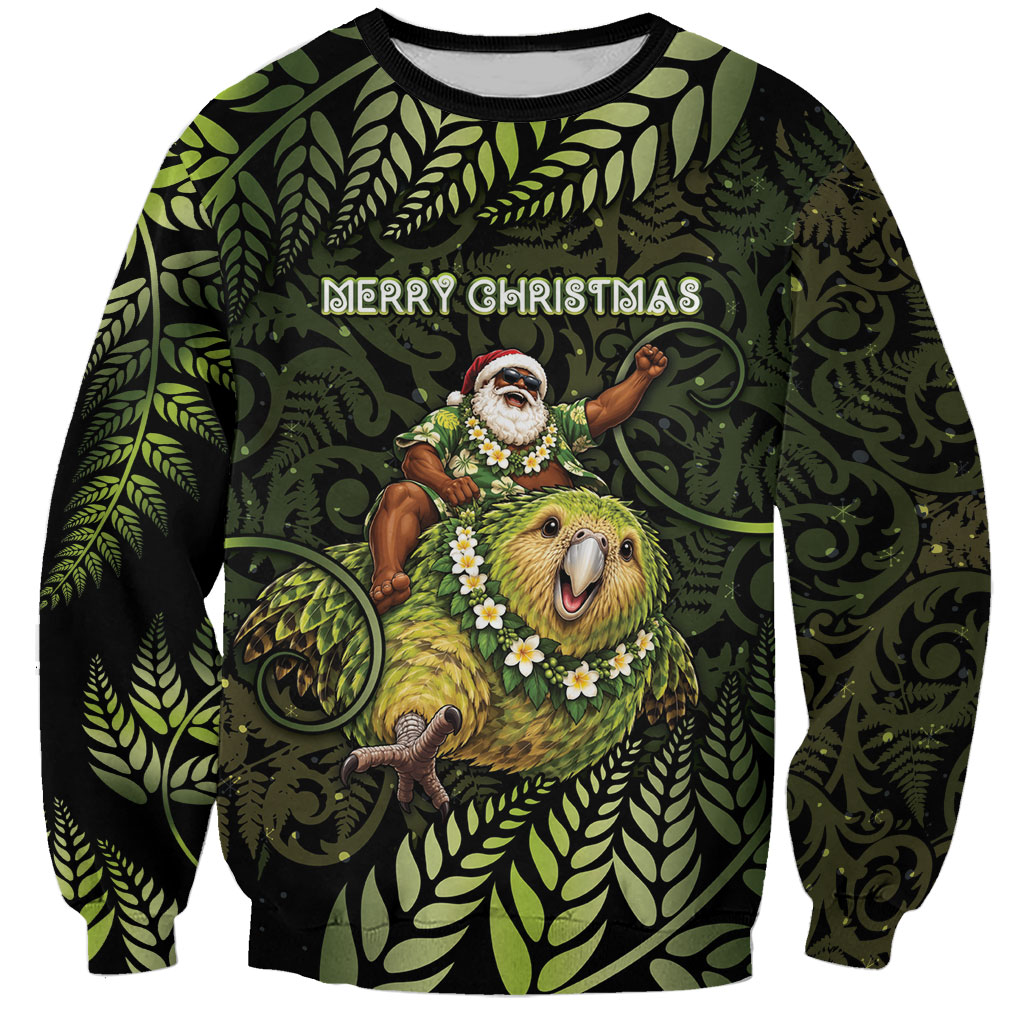 New Zealand Christmas Sweatshirt Santa Riding Kakapo Bird Silver Fern