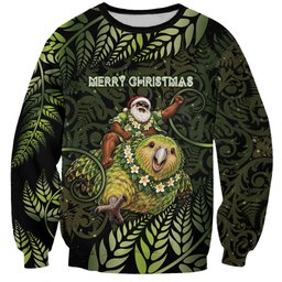 New Zealand Christmas Sweatshirt Santa Riding Kakapo Bird Silver Fern