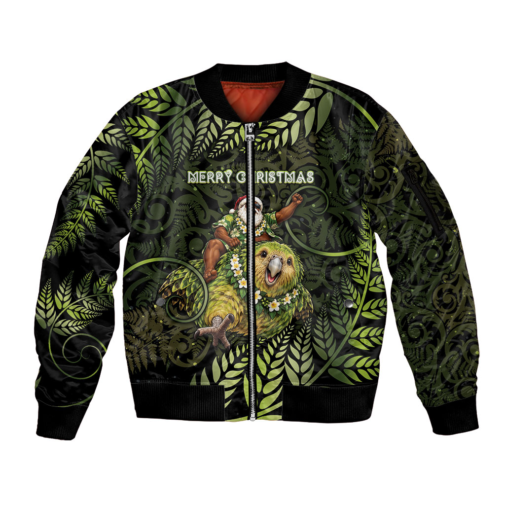 New Zealand Christmas Sleeve Zip Bomber Jacket Santa Riding Kakapo Bird Silver Fern