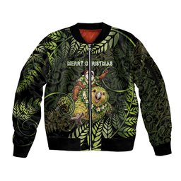 New Zealand Christmas Sleeve Zip Bomber Jacket Santa Riding Kakapo Bird Silver Fern